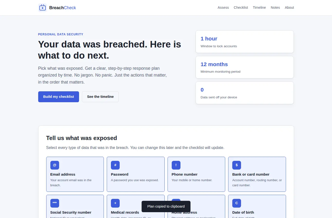 Screenshot of Data Breach Response Checklist interface showing the project page in use